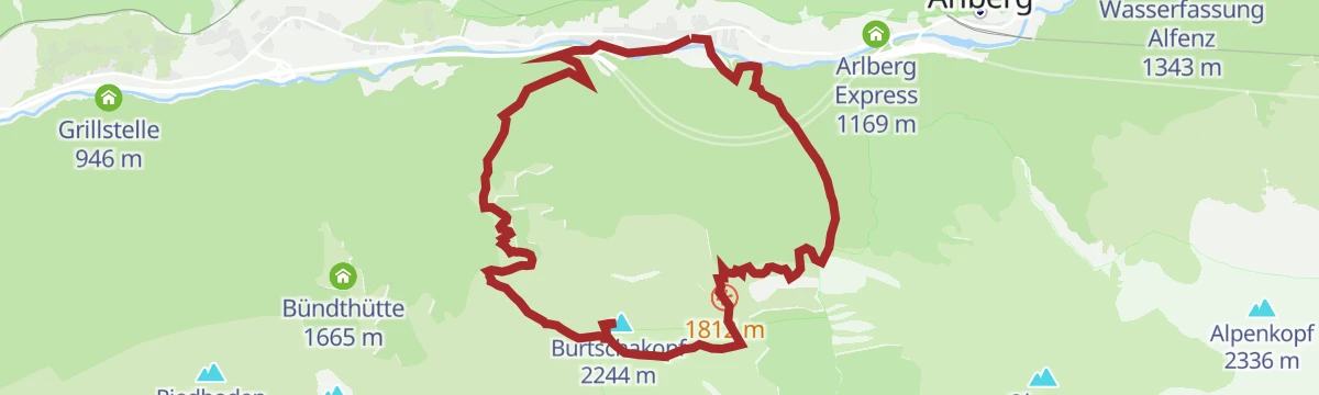 Route map: Klösterle - Burtschakopf 2.244 m